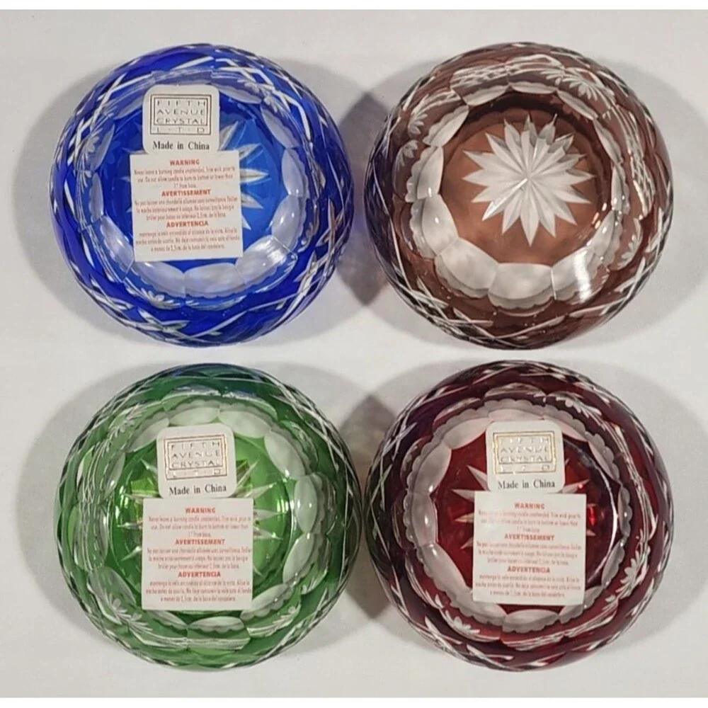 Vtg Fifth Avenue Crystal Tealight Candle Holder Blue Green Red Plum With Box